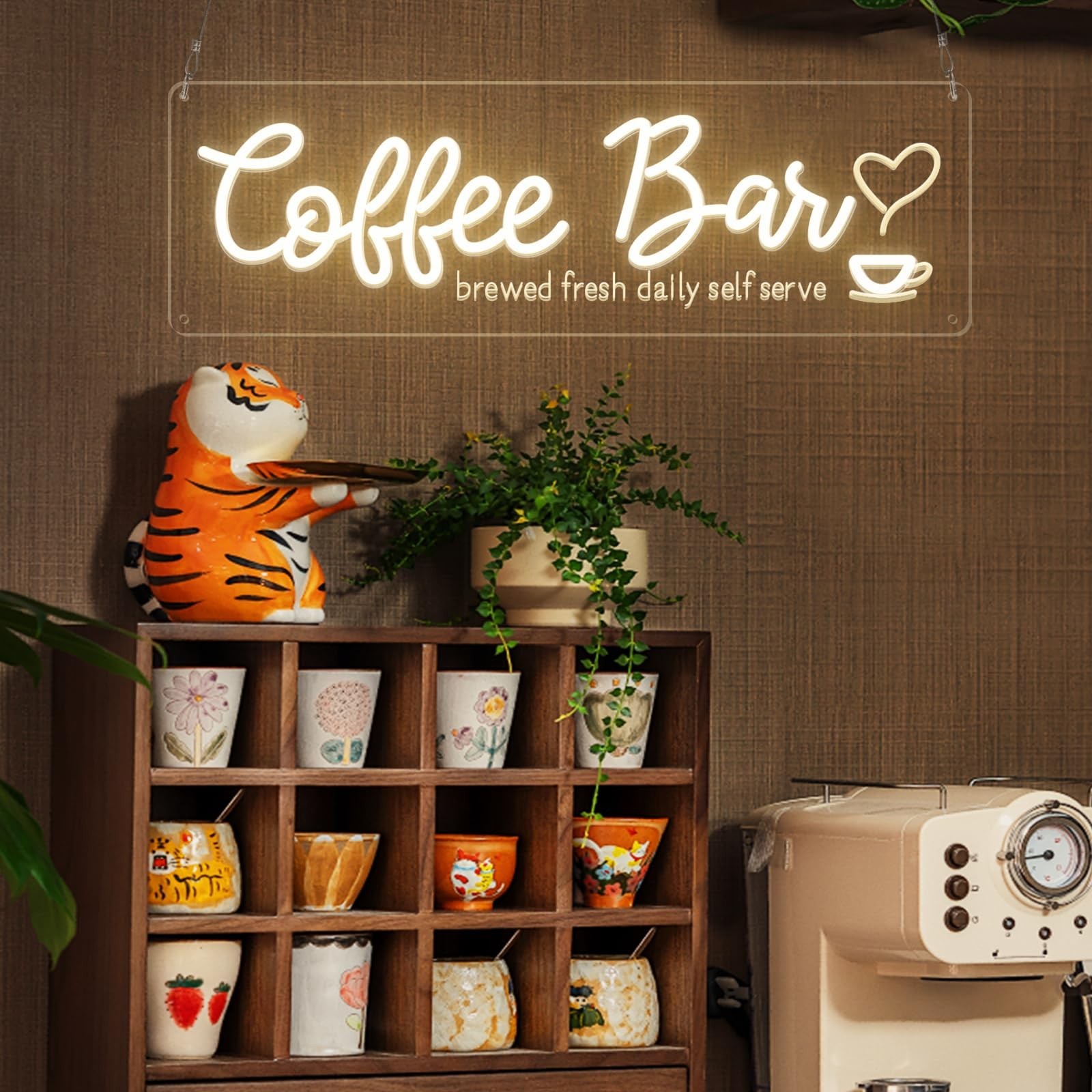Coffee Bar Neon Sign with Timer Remote Dimmer, Warm White LED Coffee Light fo…