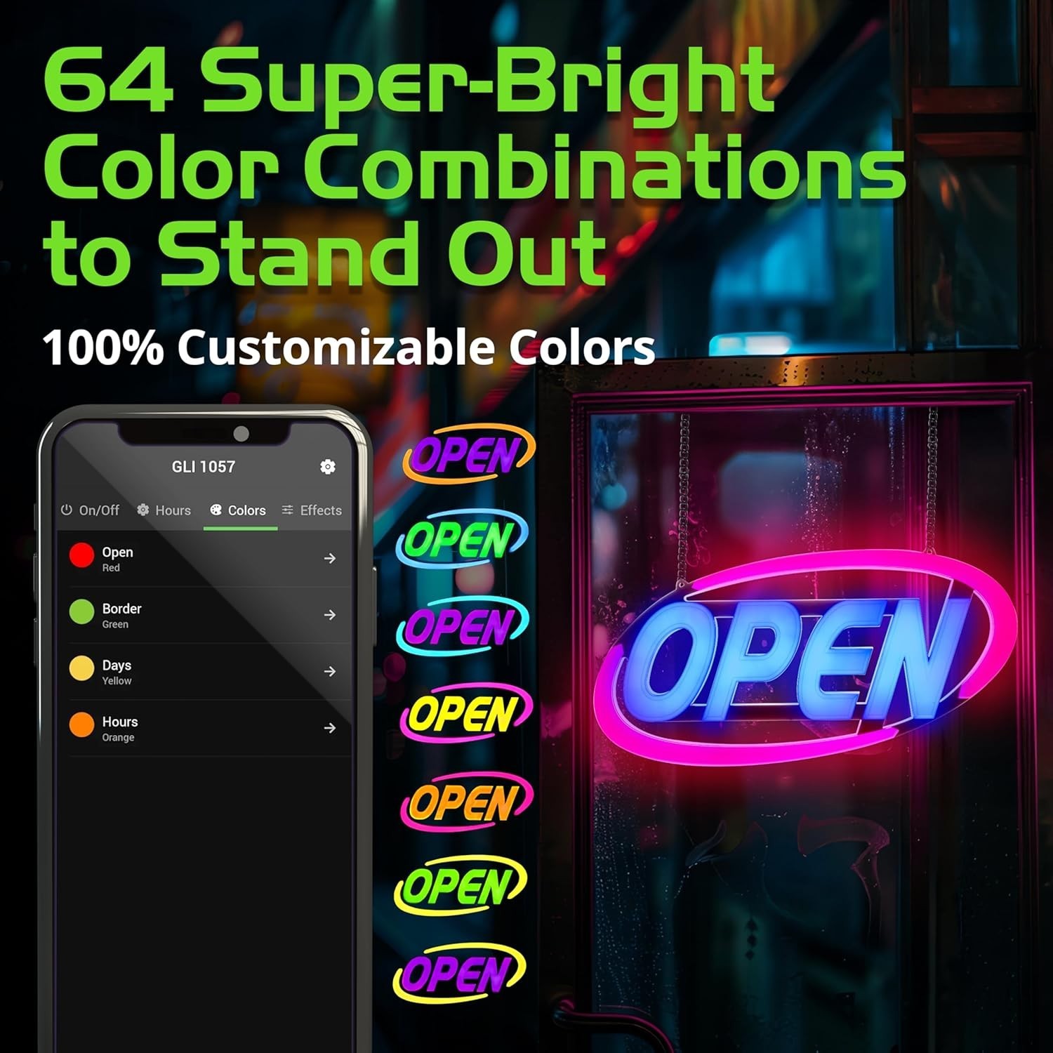 GLI LED Open Sign – 64 Color Combos & App Control – 15×32 Inch Business Sign