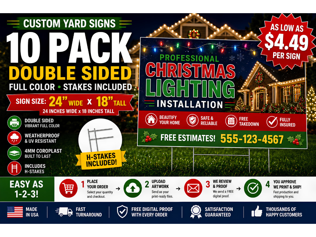 10 Pack 18×24 Yard Signs – Custom Design – Full Color – 2 Sided Stakes Included!