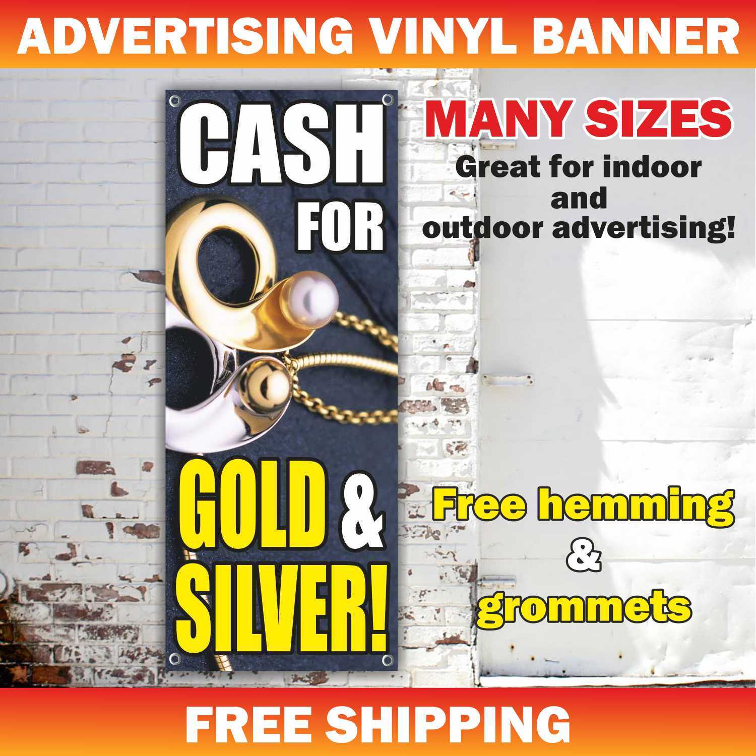 We Buy Gold & Silver Banner Sign Pawn Shop cash for coins jewelry pawn shop pay