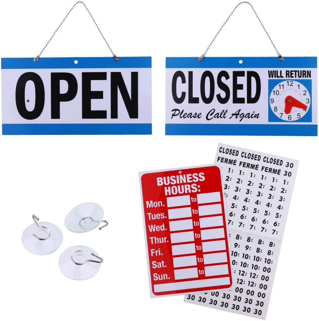 Open Signs for Business, Bundle of Office Hours Sign Will Return Clock with Suct