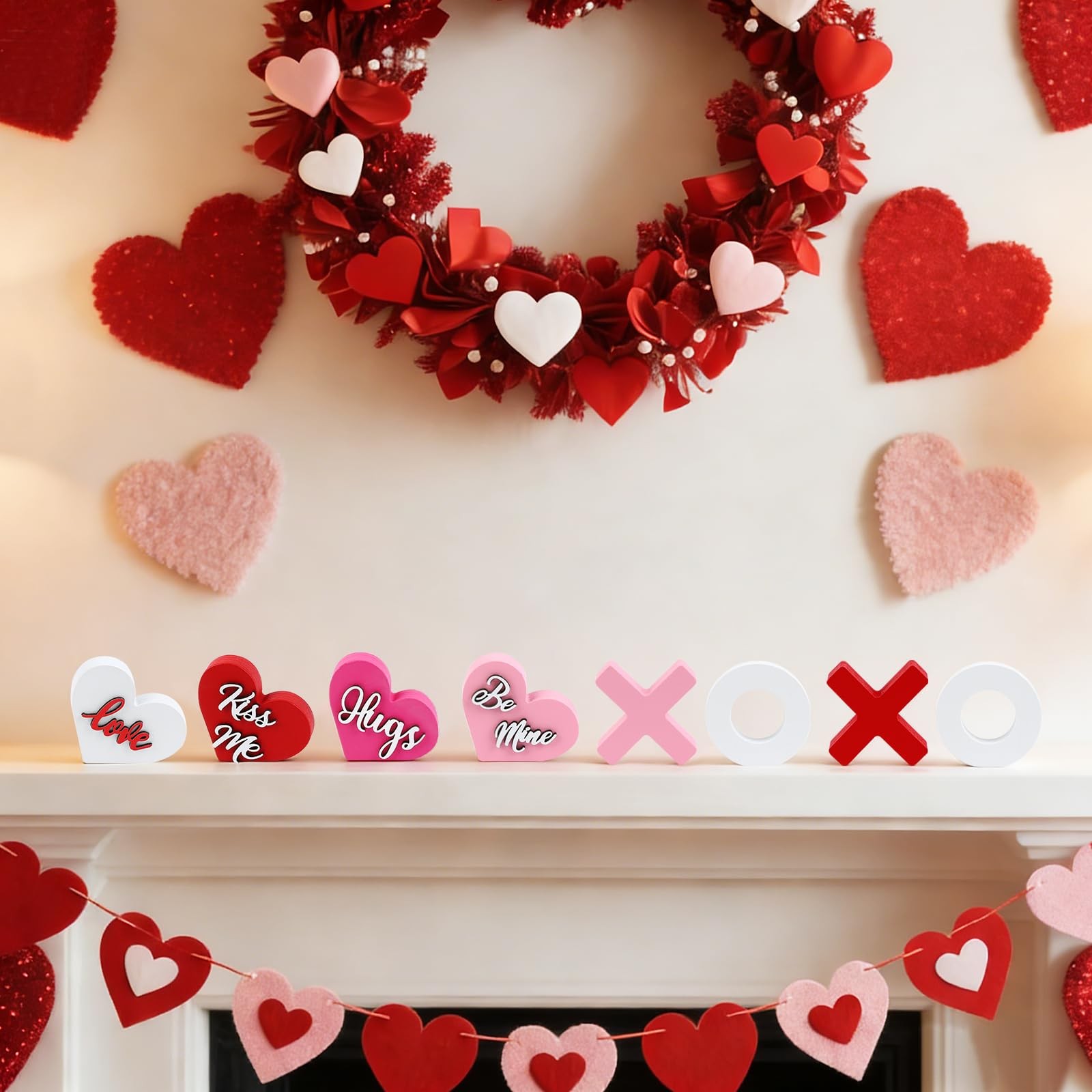 8Pcs Valentine’s Day Wooden Heart XOXO Table Signs Valentines Tiered Tray Dec…