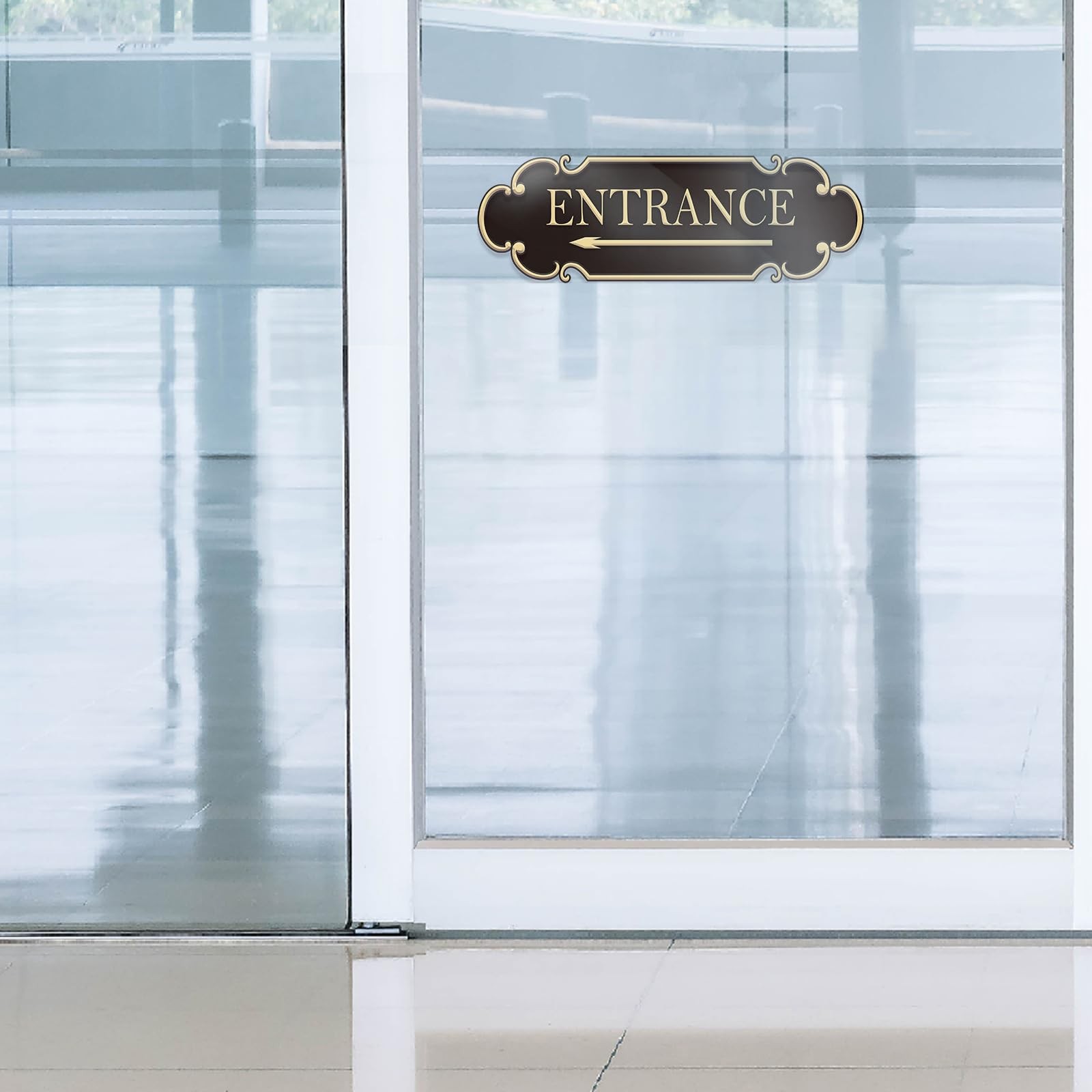 Entrance Sign with Left Arrow 9×3 Inch Acrylic Black Gold Self-Stick Wall