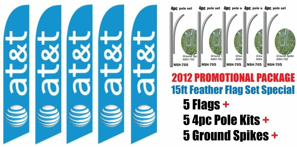 5 Sets of 15ft At&t Wireless Swooper Feather Flags – INCLUDES 15FT 4pc POLE…