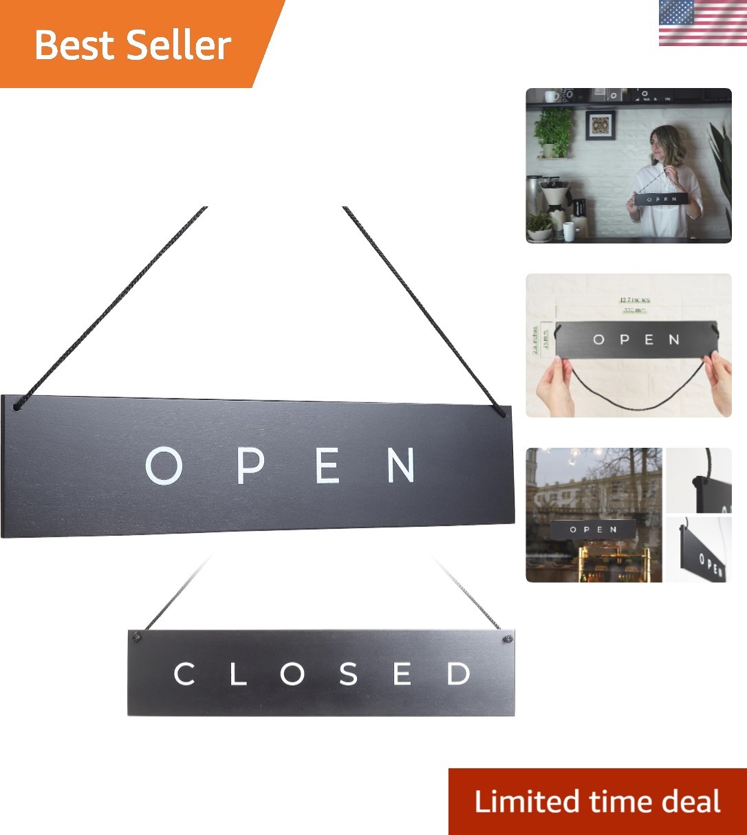 Chic Modern Open Closed Hanging Sign | Elegant Black Wooden Design 12.7 x 2.8