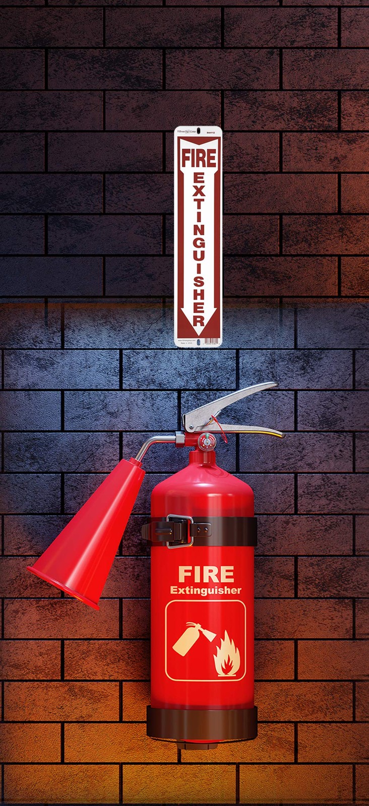 White and Red Aluminum Fire Extinguisher Sign with Arrow, 4 x 18