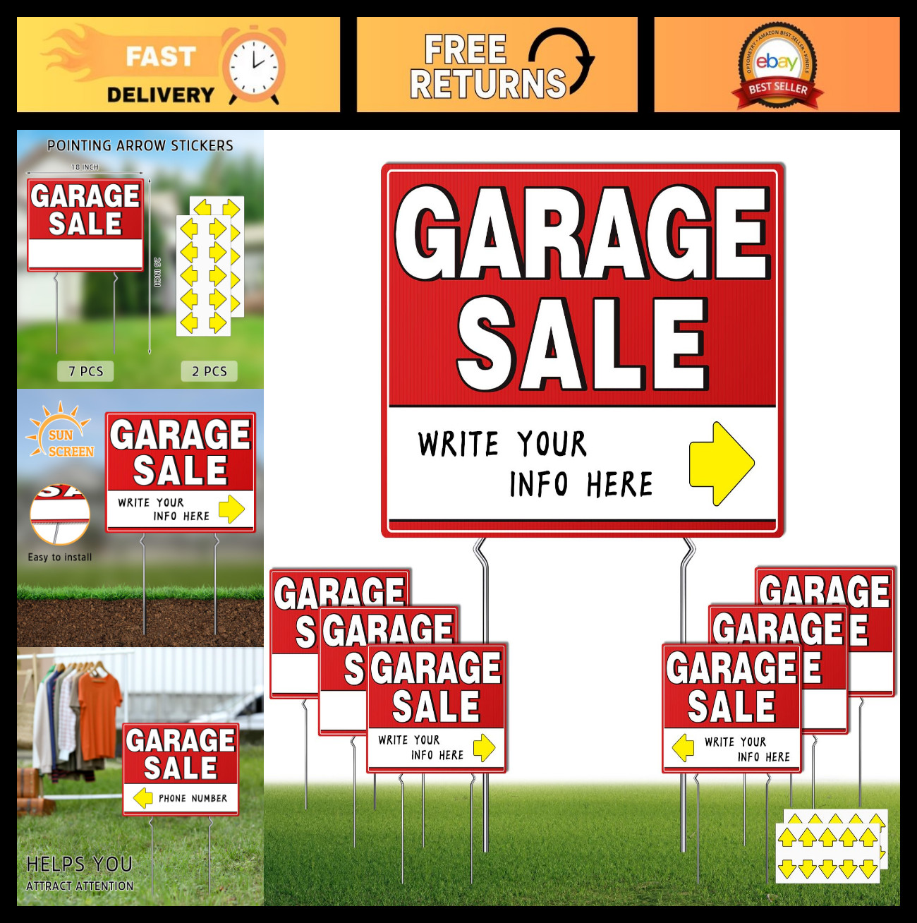 7 Pcs Double-Sided Garage Sale Signs with Metal Stakes & 20 Directional Arrows –