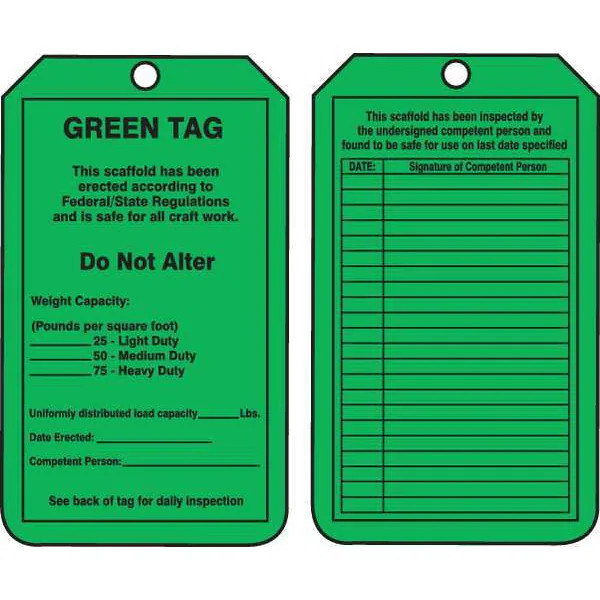 Accuform Tag, Green Tag, Cardstock, 5 3/4 in H x 3 1/4 in W, Green, Rectangle,