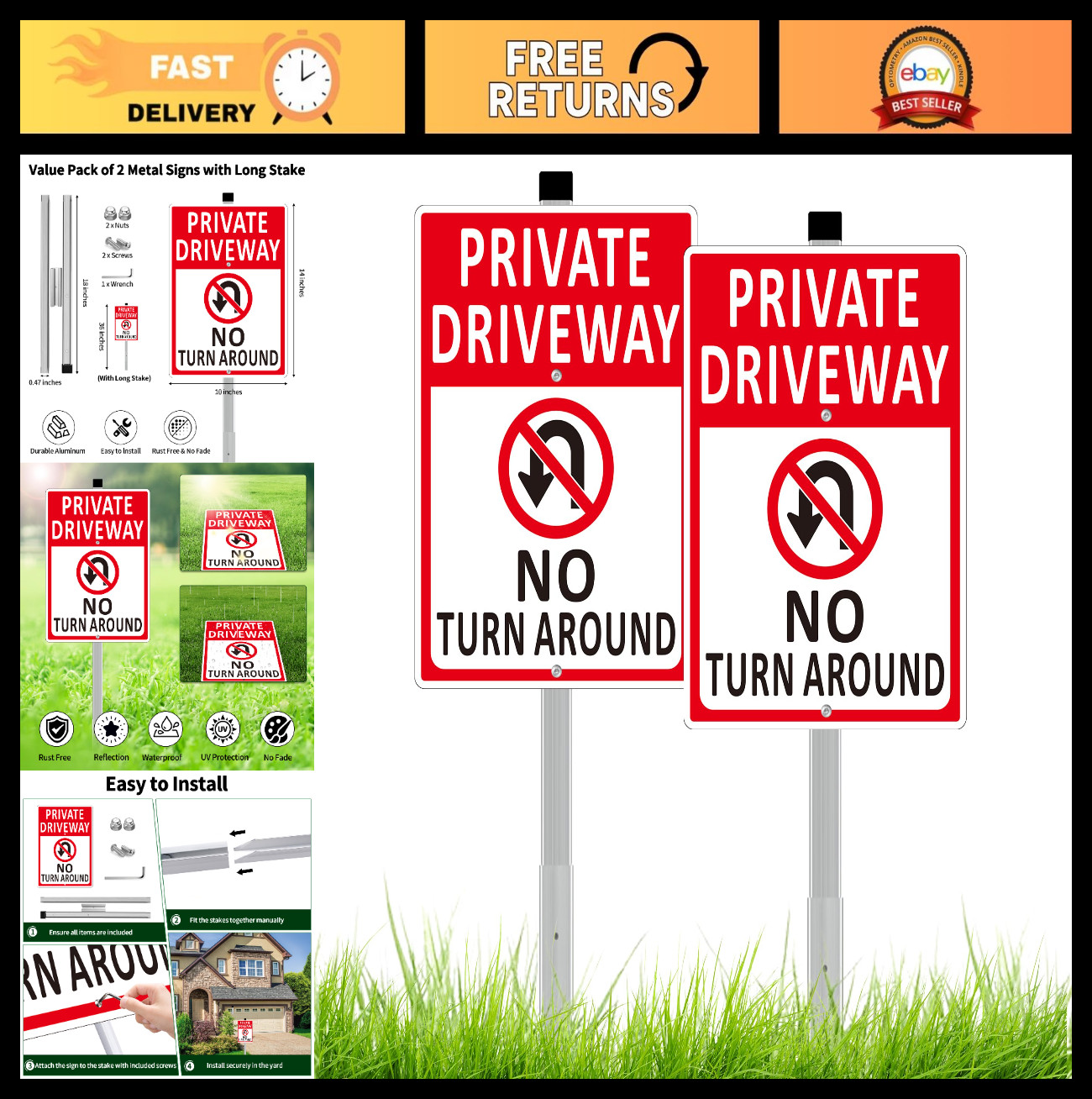 2 Pack Heavy Duty No Turn Around Driveway Signs – 14×10 Inch Rust-Proof Outdoor