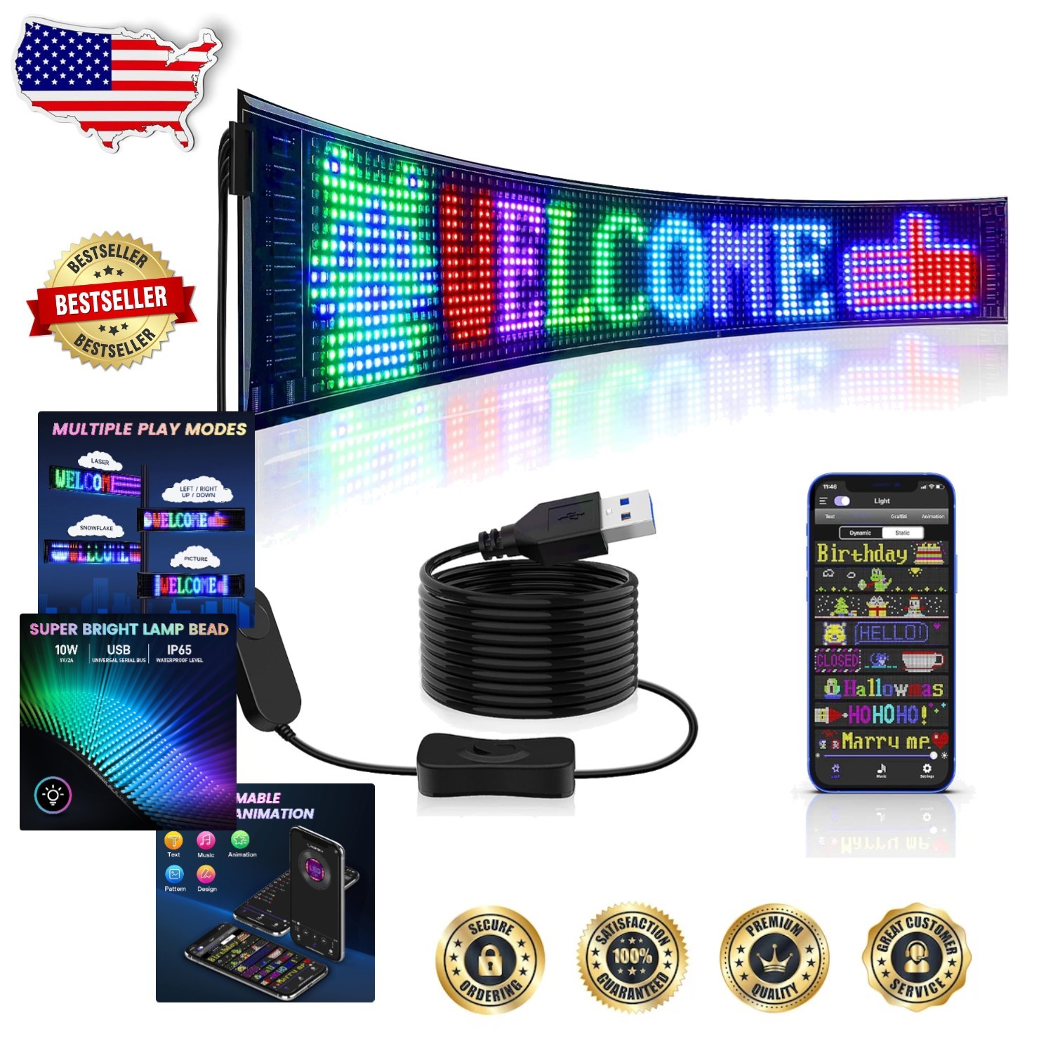 Huge 27″ LED Sign – App Control Custom Text Animation Programmable Display