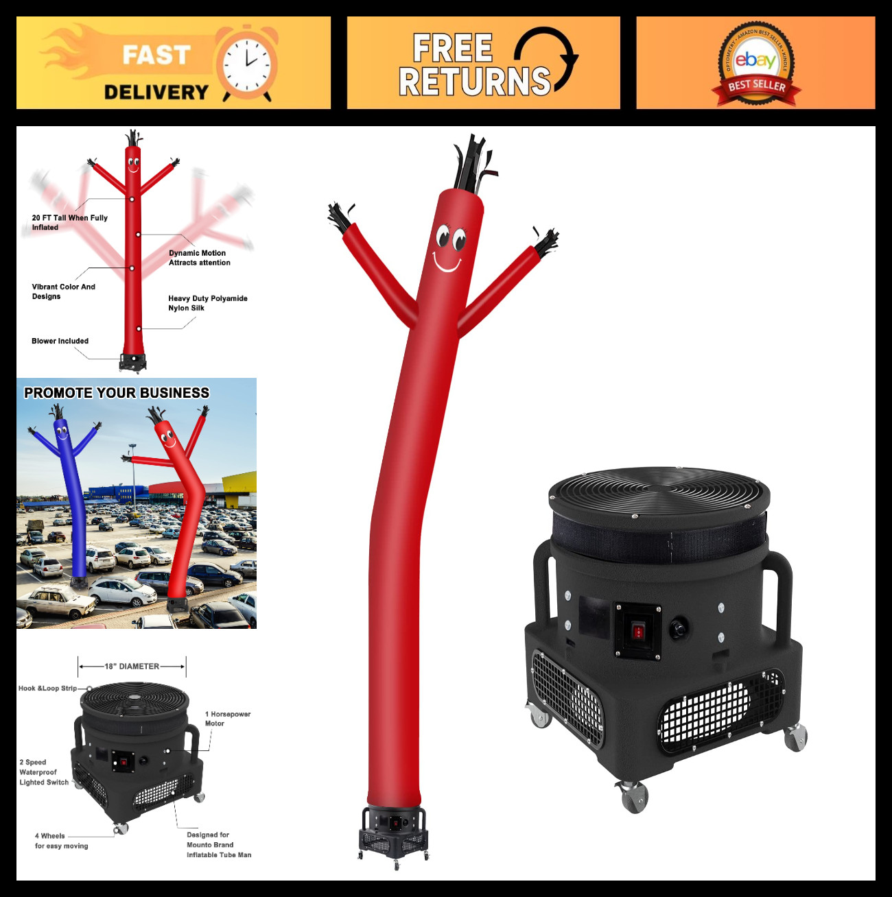 20ft Inflatable Tube Man Puppet with 1HP Blower – Dancing Air Dancer Set (Red)