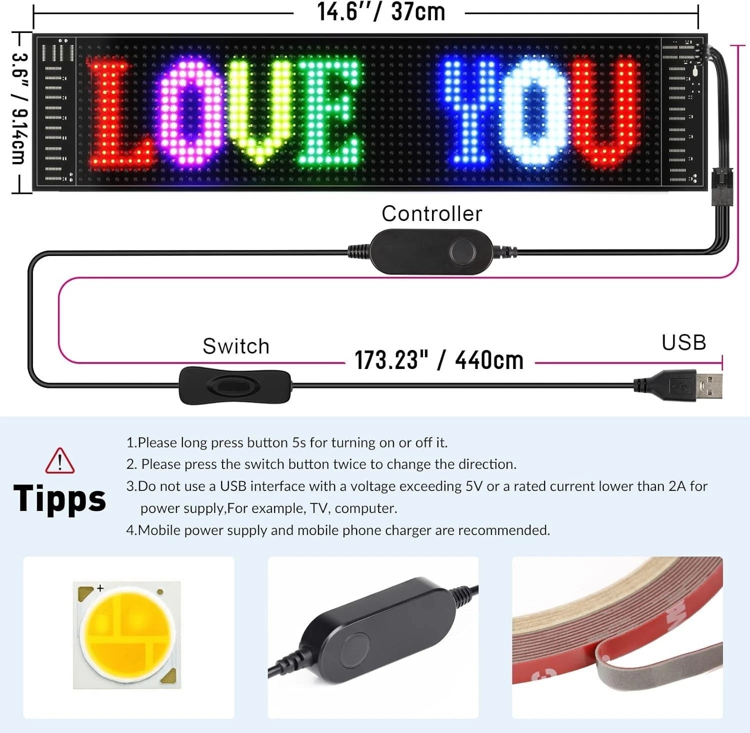 Scrolling Bright Advertising LED Signs, Flexible USB 5V LED Car Sign Bluetoot…