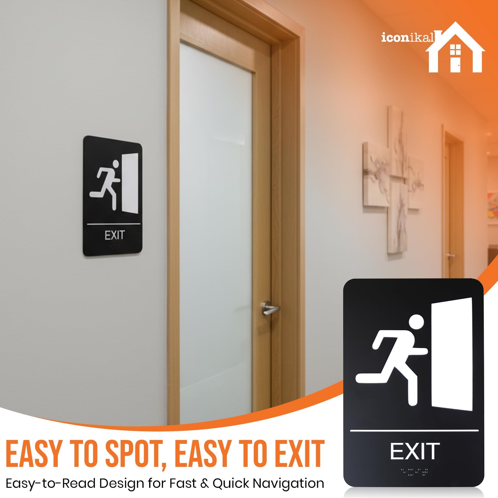 6 x 9-Inch Exit Door Sign with Adhesive, Black, ADA Compliant with Braille Le…