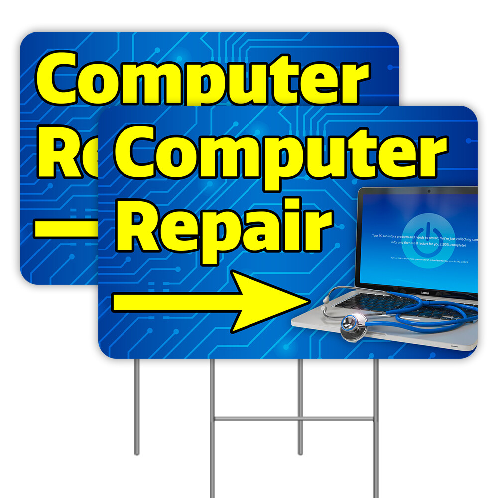 Computer Repair Arrow 2 Pack Double-Sided Yard Signs 16″ x 24″ with Metal Stakes