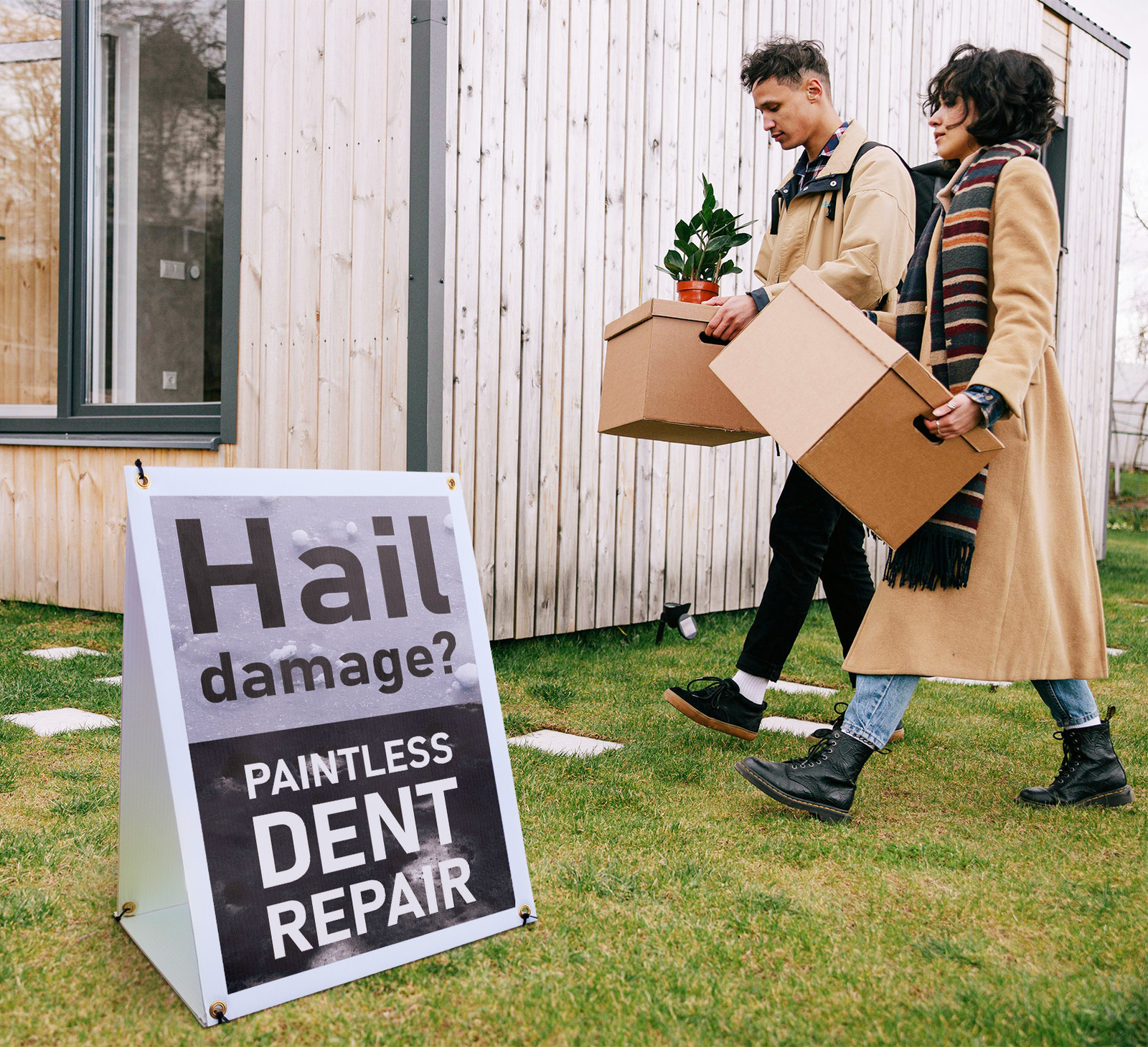 Hail Damage Dent Repair A-Frame Sidewalk Sign Auto Repairs Expert Mechanics