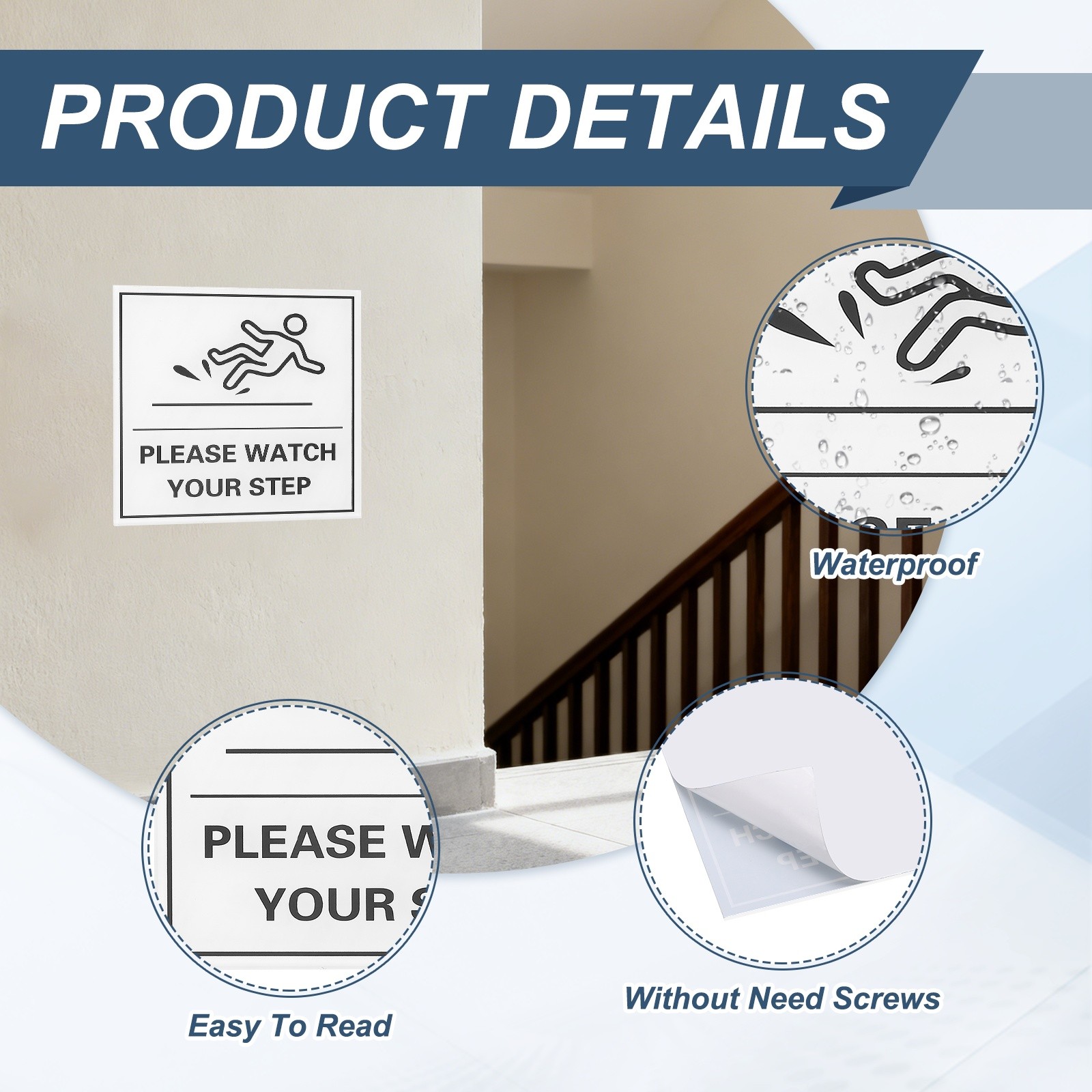 4″ x 4″ Please Watch Your Step Sign, 1 Pcs Warning Sign White with Black Text