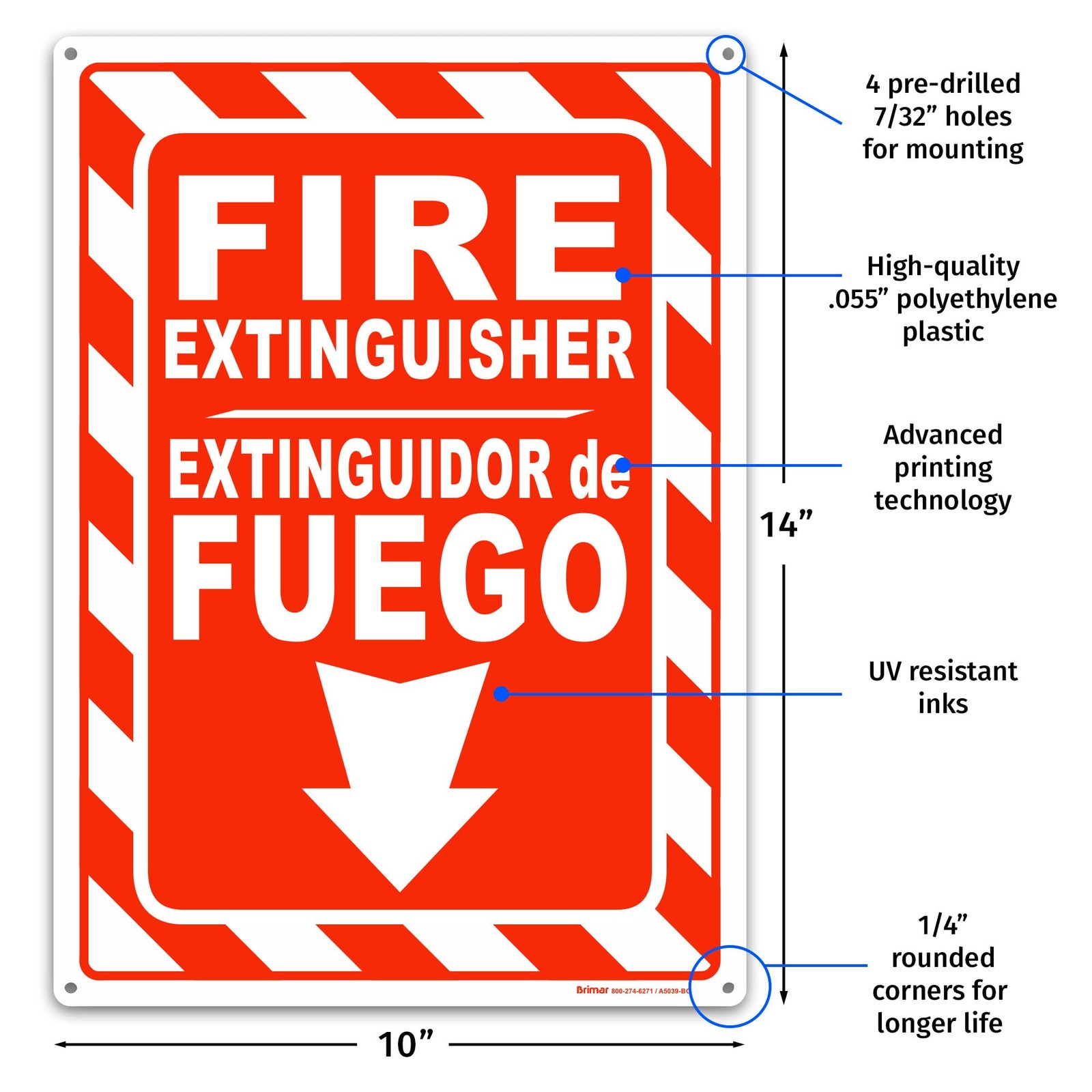 10×14 inch Bilingual Fire Extinguisher Sign Polyethylene Plastic Durable