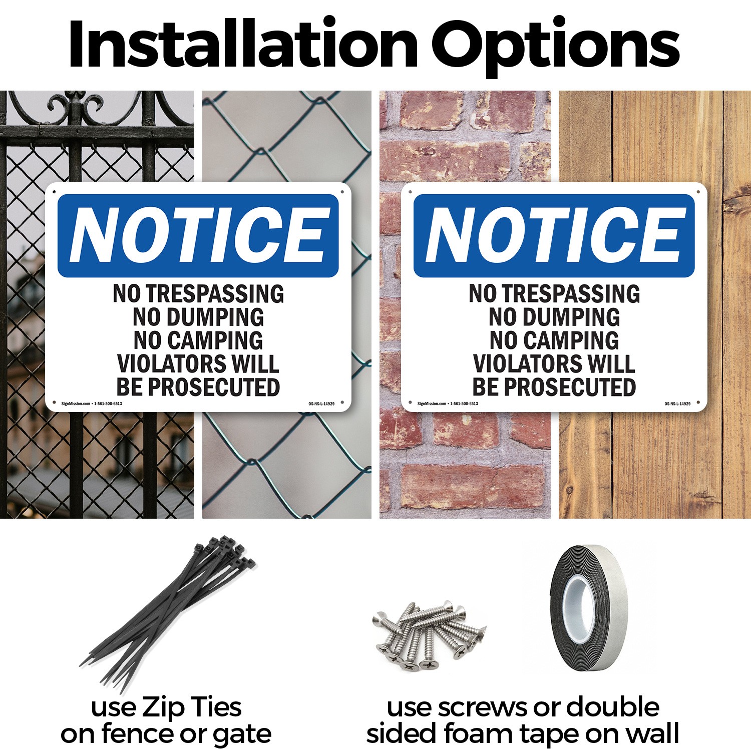 No Trespassing No Dumping No Camping Violators OSHA Notice Sign – 5 or 10 Pack