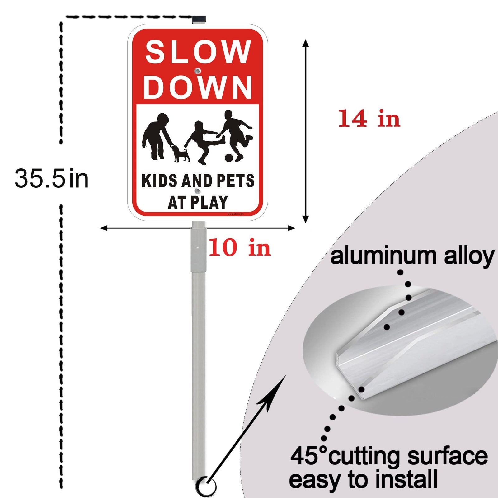 Slow Down Kids Pets at Play Sign Reflective Aluminum 10×14 Inch Stakes 2 PCS