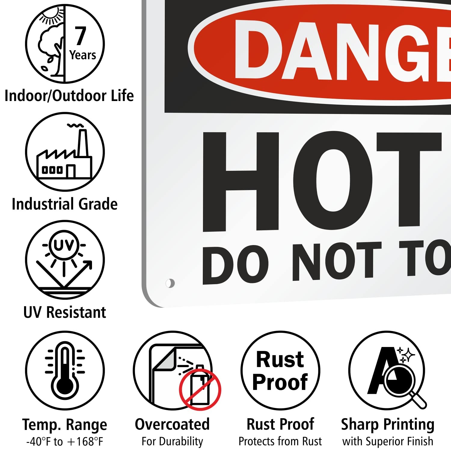 U91787NA Danger Hot Do Not Touch Sign 7×10 Inch Aluminum Black/Red