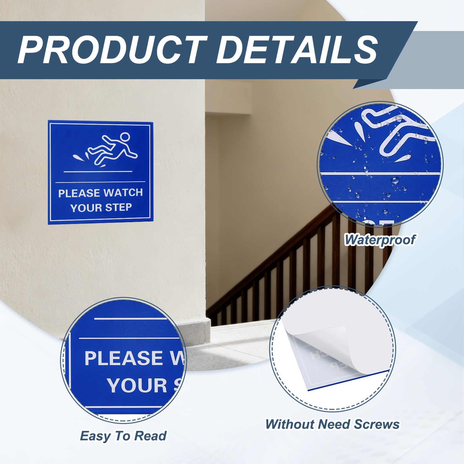 4″ x 4″ Please Watch Your Step Sign, 1 Pcs Warning Sign, Blue with White Text