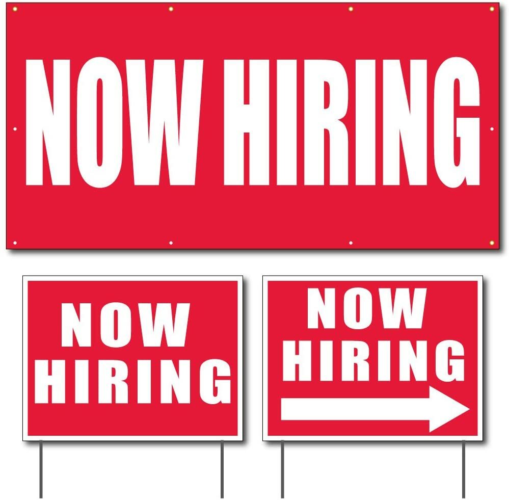 Now Hiring Banner and Sign Set, 2×4 Banner, 2 18×24 Signs, Red and White