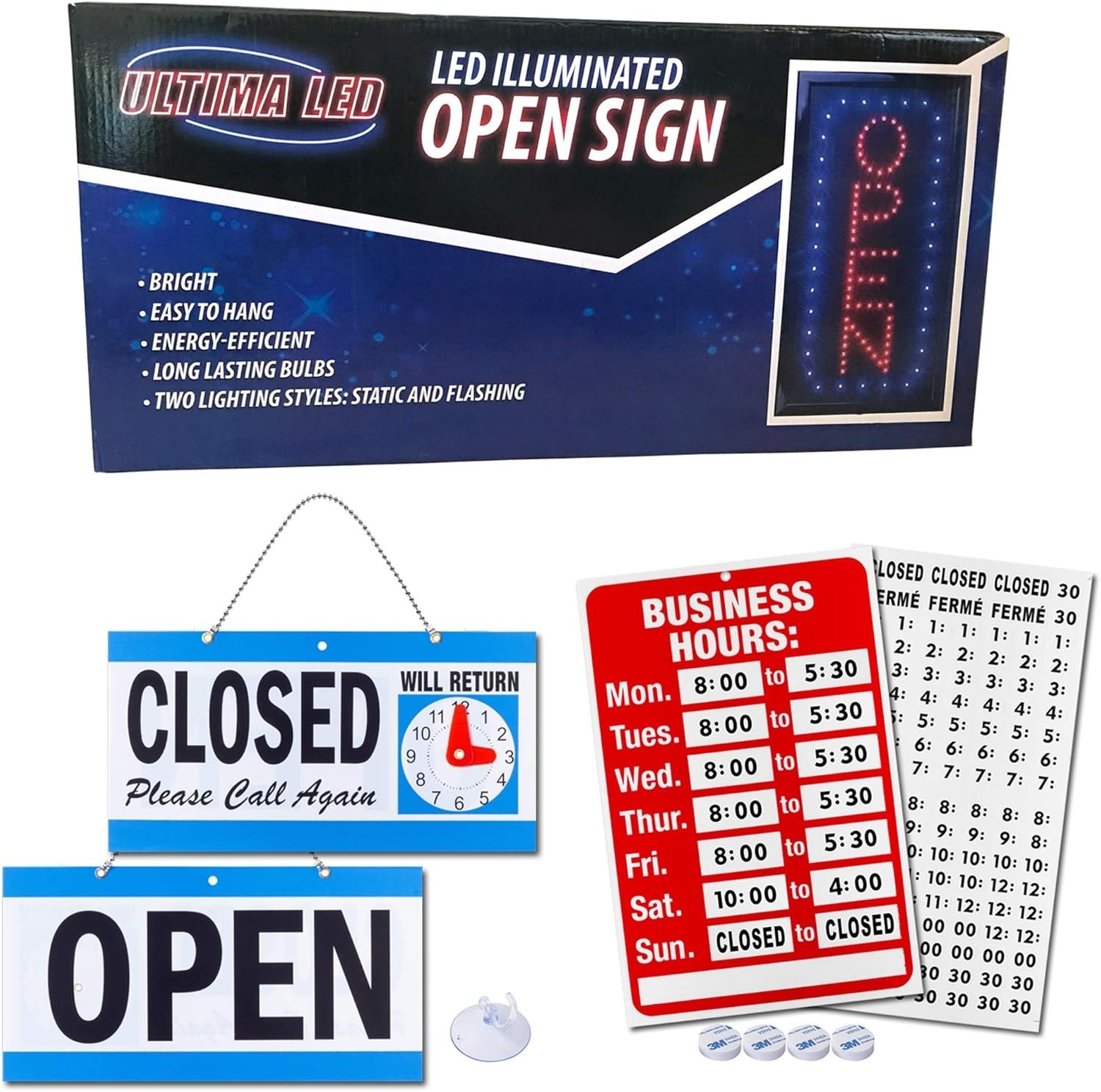 Modern Vertical Neon Open Sign with Business Hours – Easy Installation & Bright