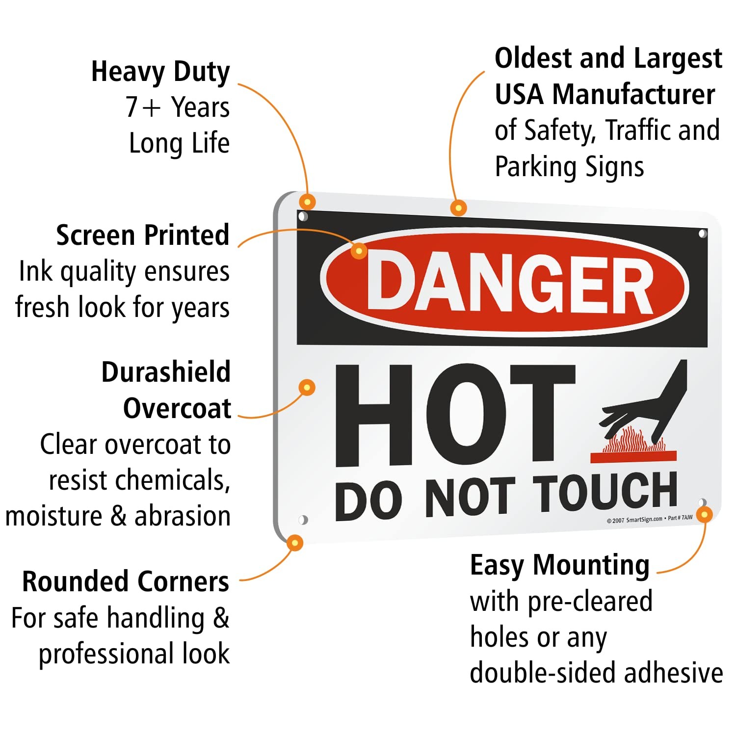 U91787NA Danger Hot Do Not Touch Sign 7×10 Inch Aluminum Black/Red
