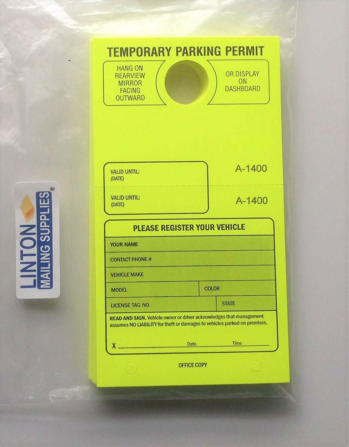 Temporary Parking Permit,7-3/4″ x 4-1/4″, Bright Fluorescent Yellow – Pack of 50