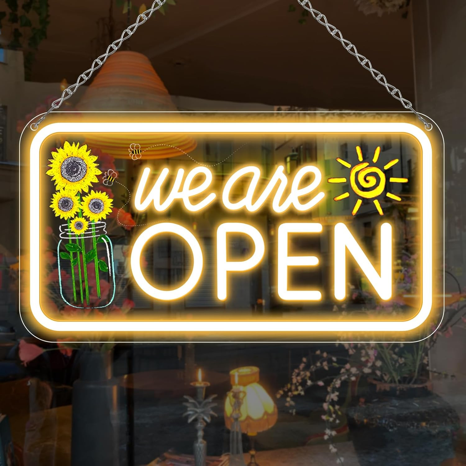 Vibrant Neon Open Sign with Flower & Sun, 16.5×9″, Perfect for Businesses