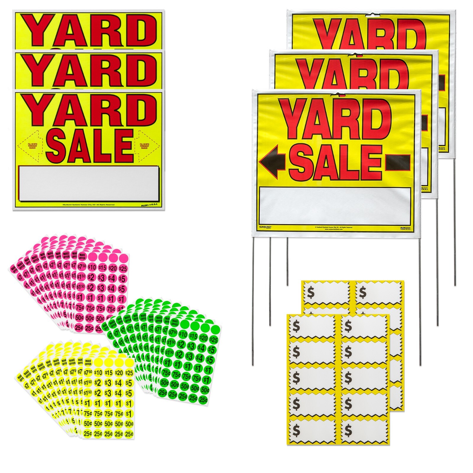 Deluxe Yard Sale Kit: 3 Yard signs, 3 Sm. signs, Lg. price labels & price tags