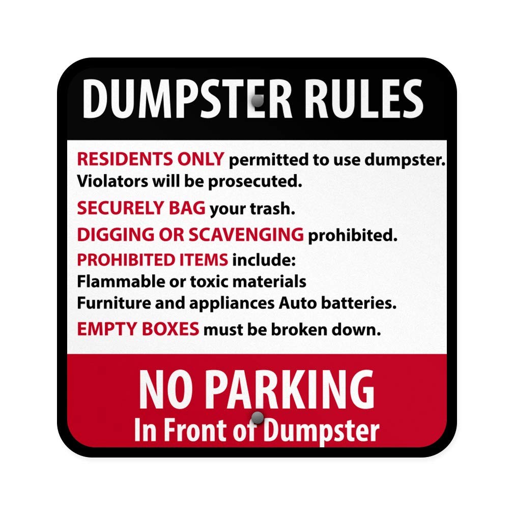 Aluminum Square Metal Sign Dumpster Rules Residents Only Weatherproof 12×12 In