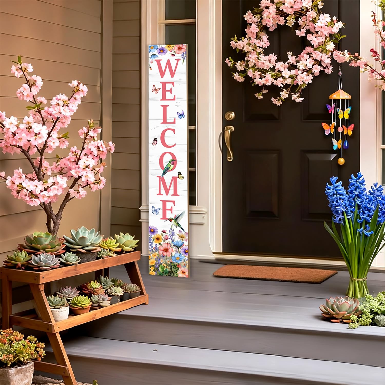 Hummingbird Welcome Sign for Front Door, Spring Porch Sign Tulip Flowers Outdoor