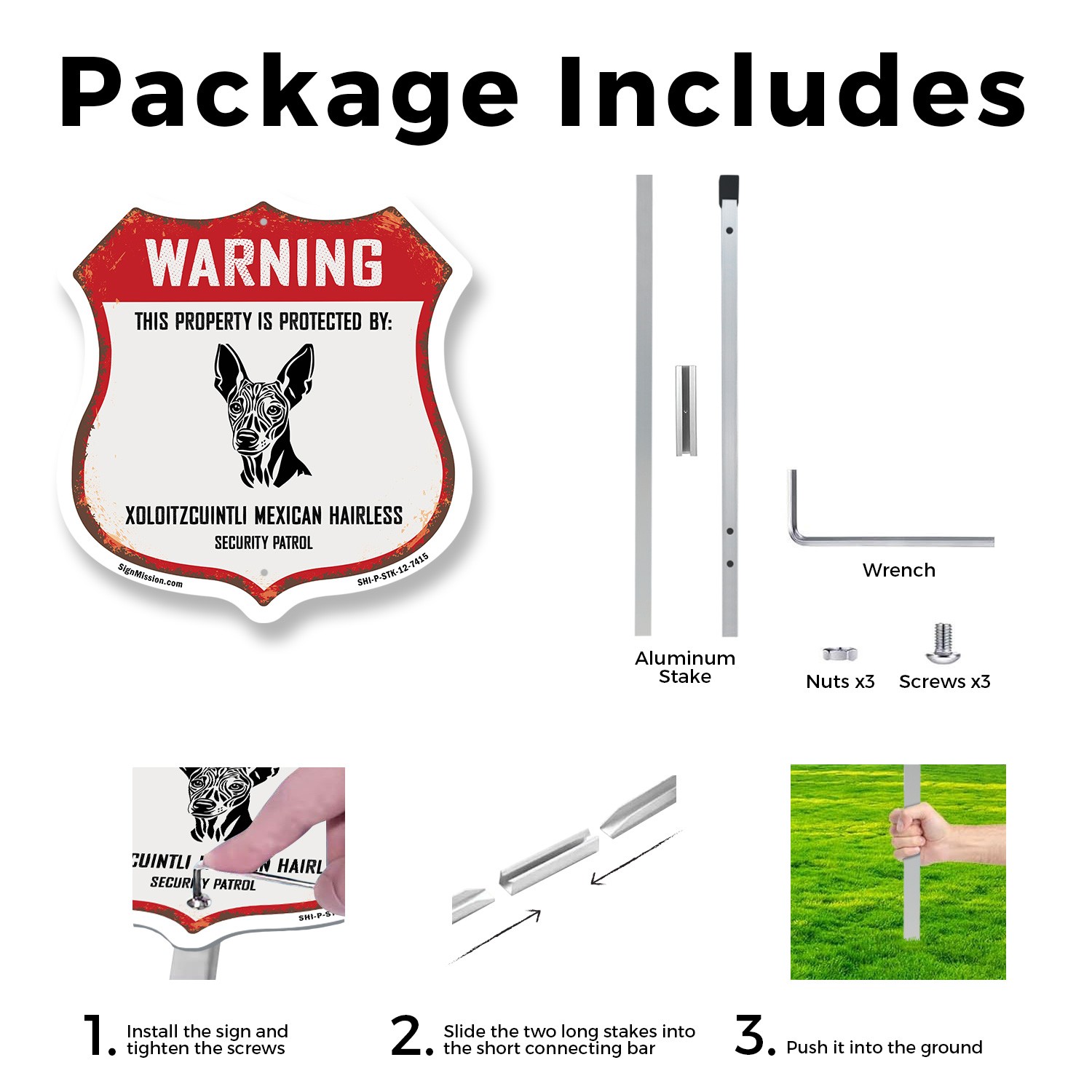 Warning Property Protected by Xoloitzcuintli Mexican Hai Shield Sign With Stake