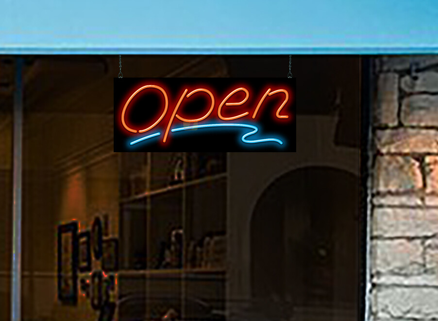 Open Neon Sign With Blue Underline Jantec 32″ x 13″ Shop Window Sign