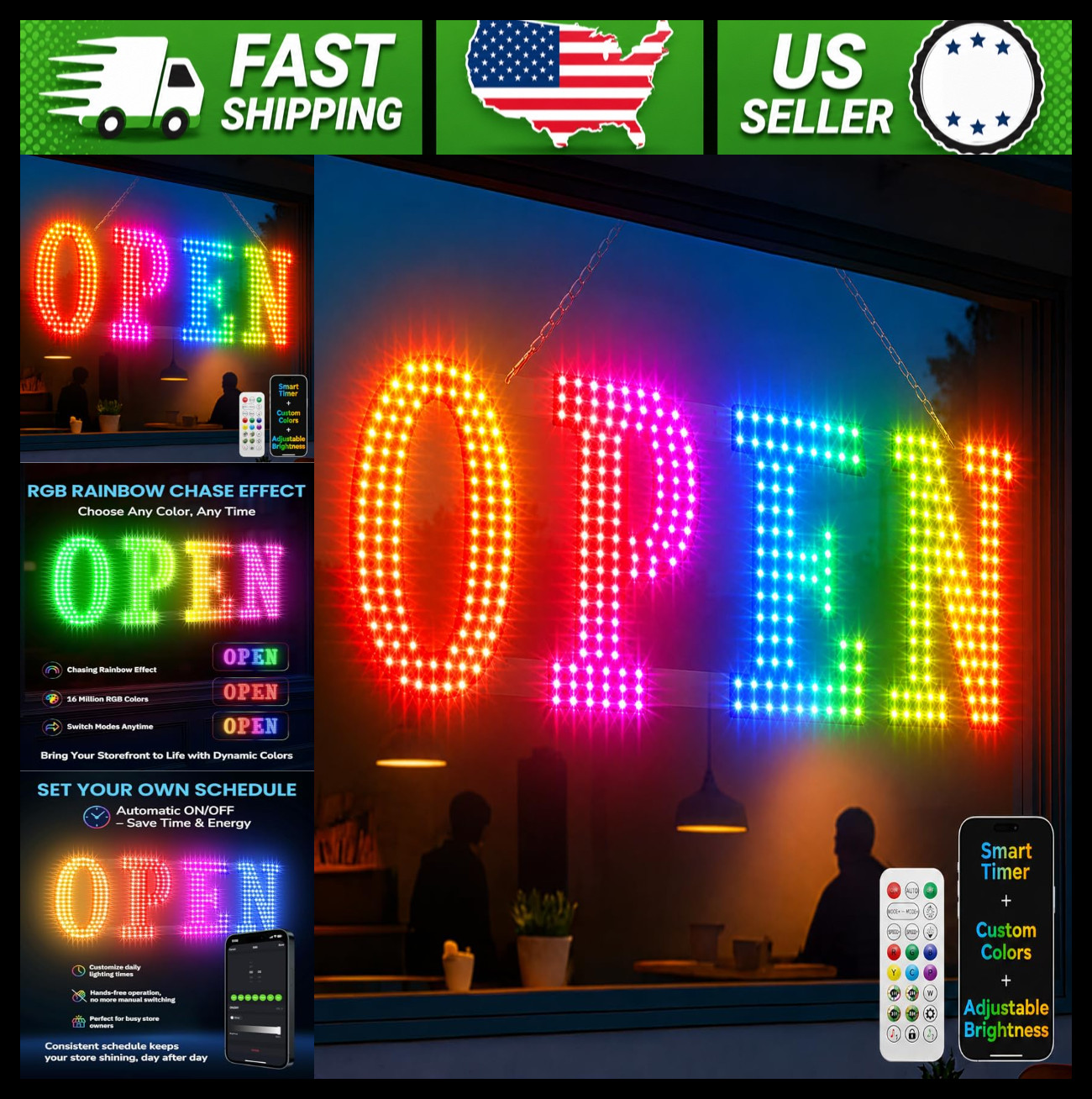 LED Open Sign for Business 48×16 with Remote Control App Timer Custom Colors