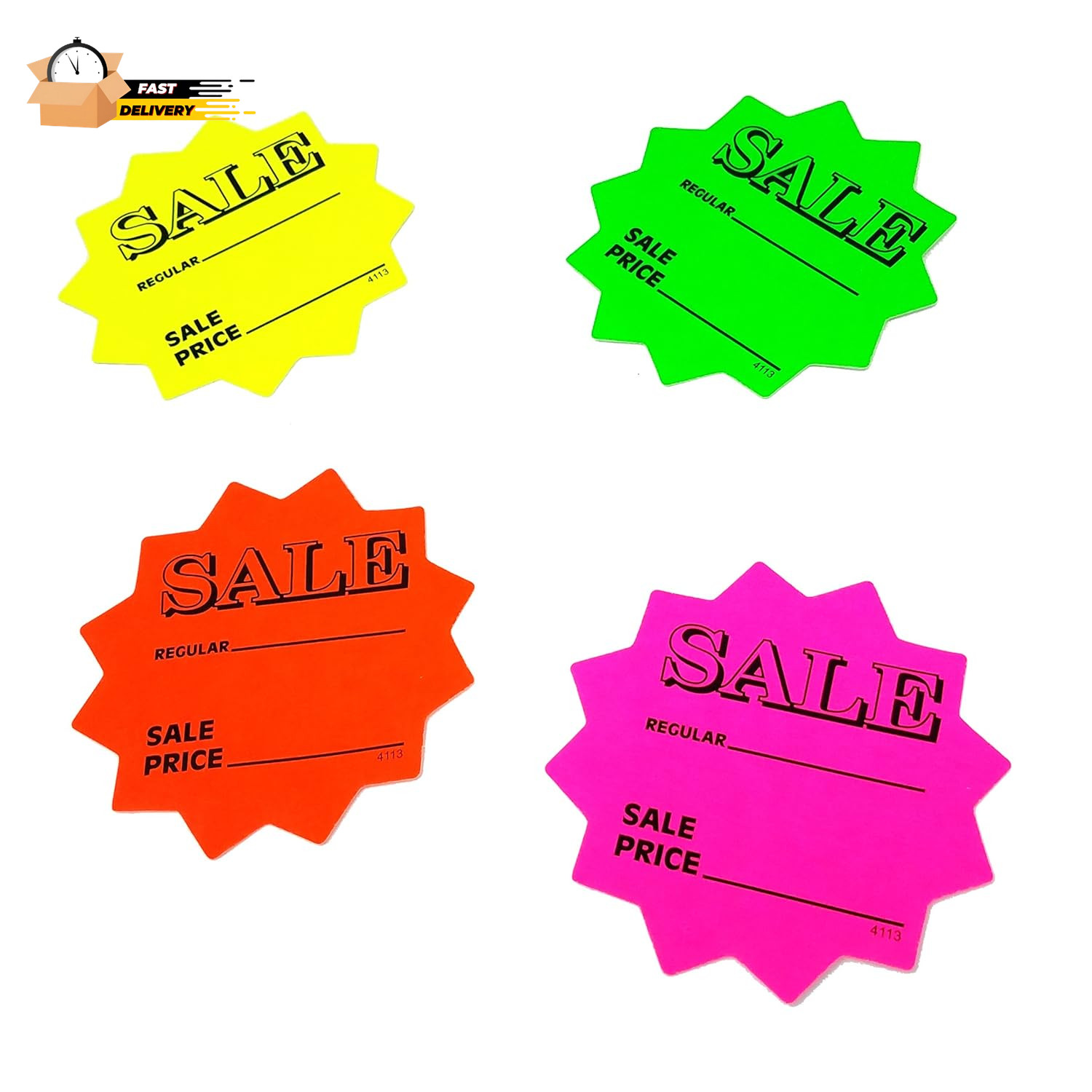 100 3″ Sale Price Signs Fluorescent Neon Die Cut Solar Star Burst Retail Cards