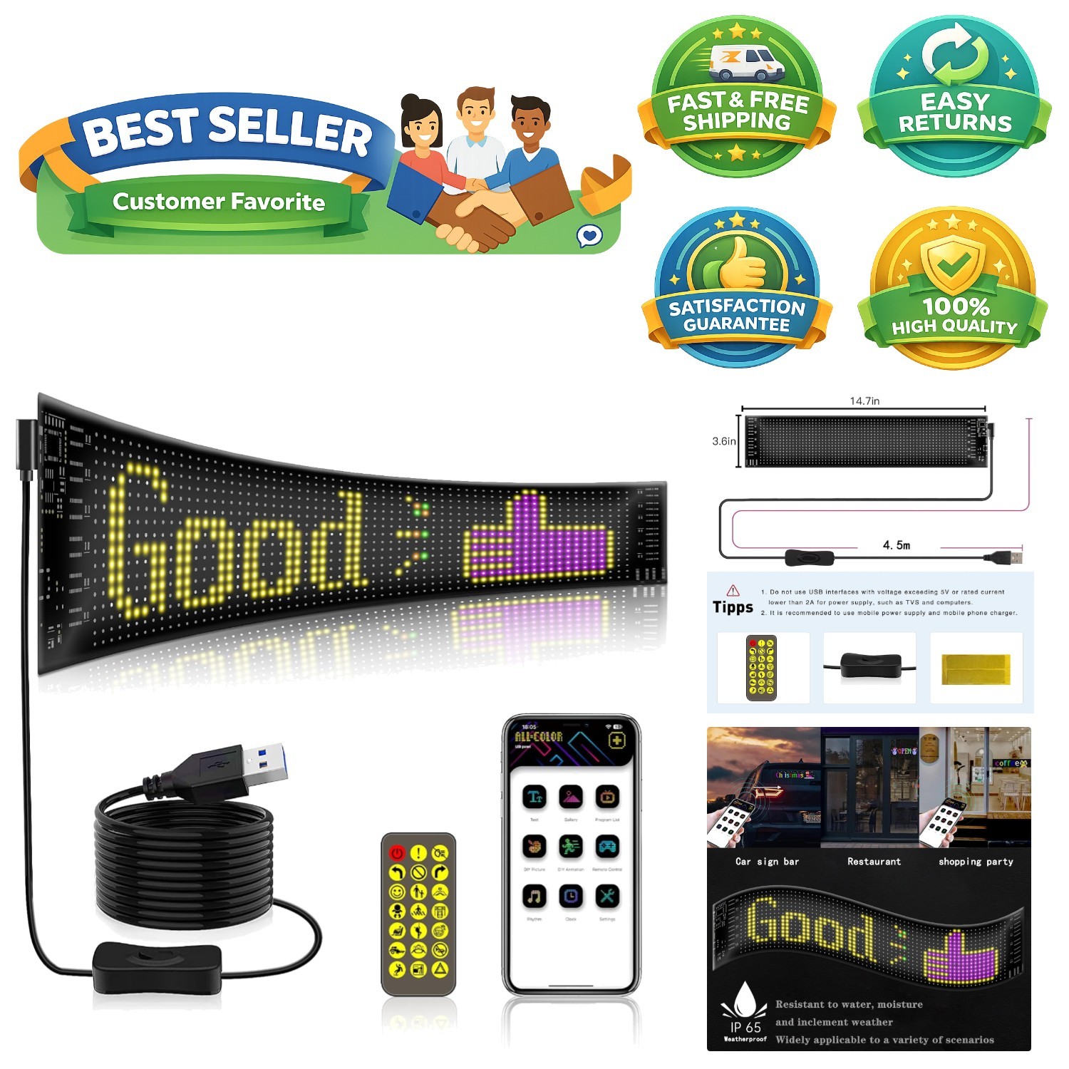 14.7”x3.6” Programmable LED Sign – App Controlled with 10+ Dynamic Effects