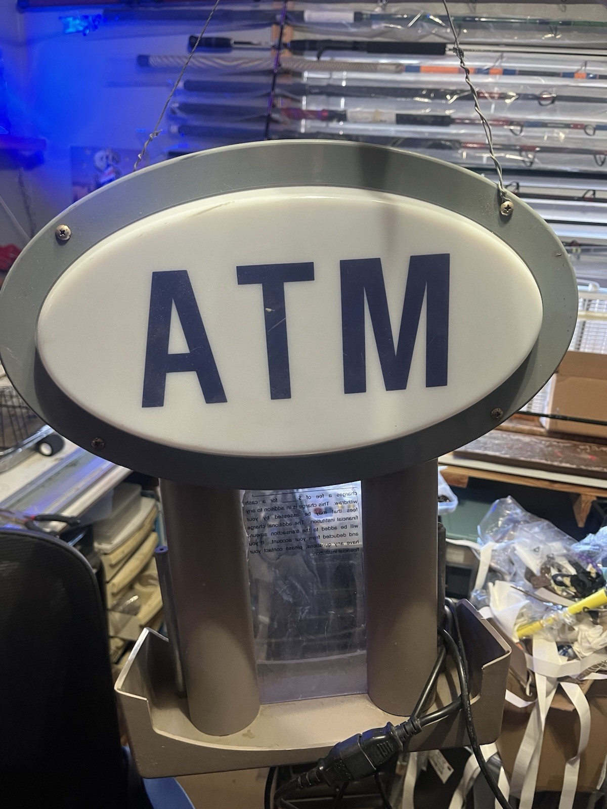 ATM Illuminated Electric Hanging Plastic Sign 15″ x 19″ White Gray Blue Frame