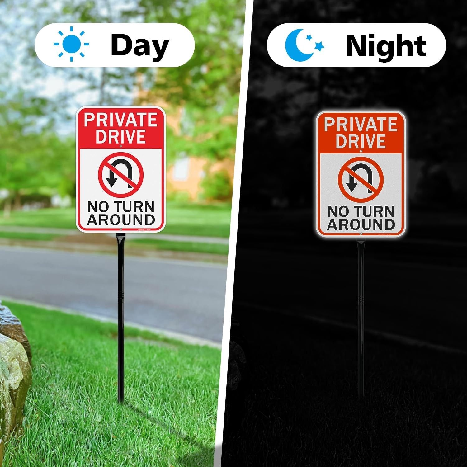 Private Driveway No Turn Around Signs – 36″ Metal Stakes, Reflective Aluminum, W