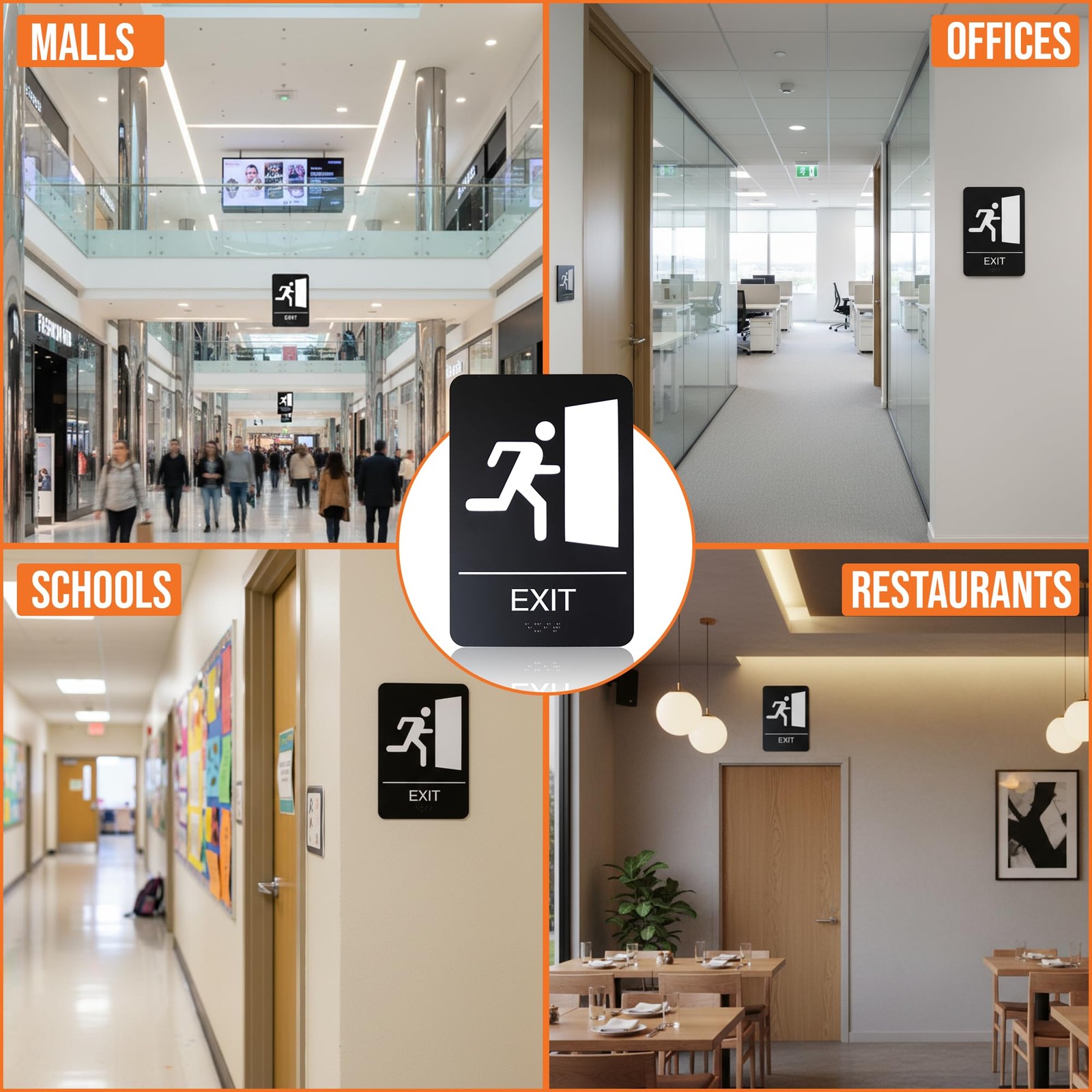 6 x 9-Inch Exit Door Sign with Adhesive, Black, ADA Compliant with Braille Le…