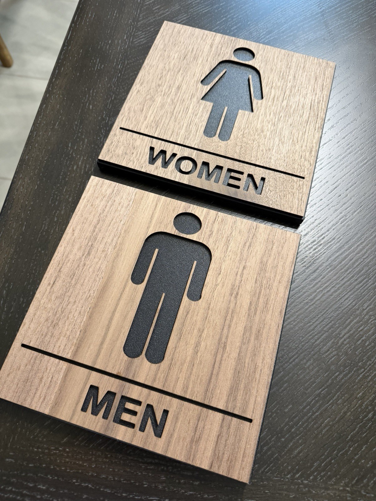 Walnut Wood Laser Cut Male And Female Bathroom Gender Signs For Door