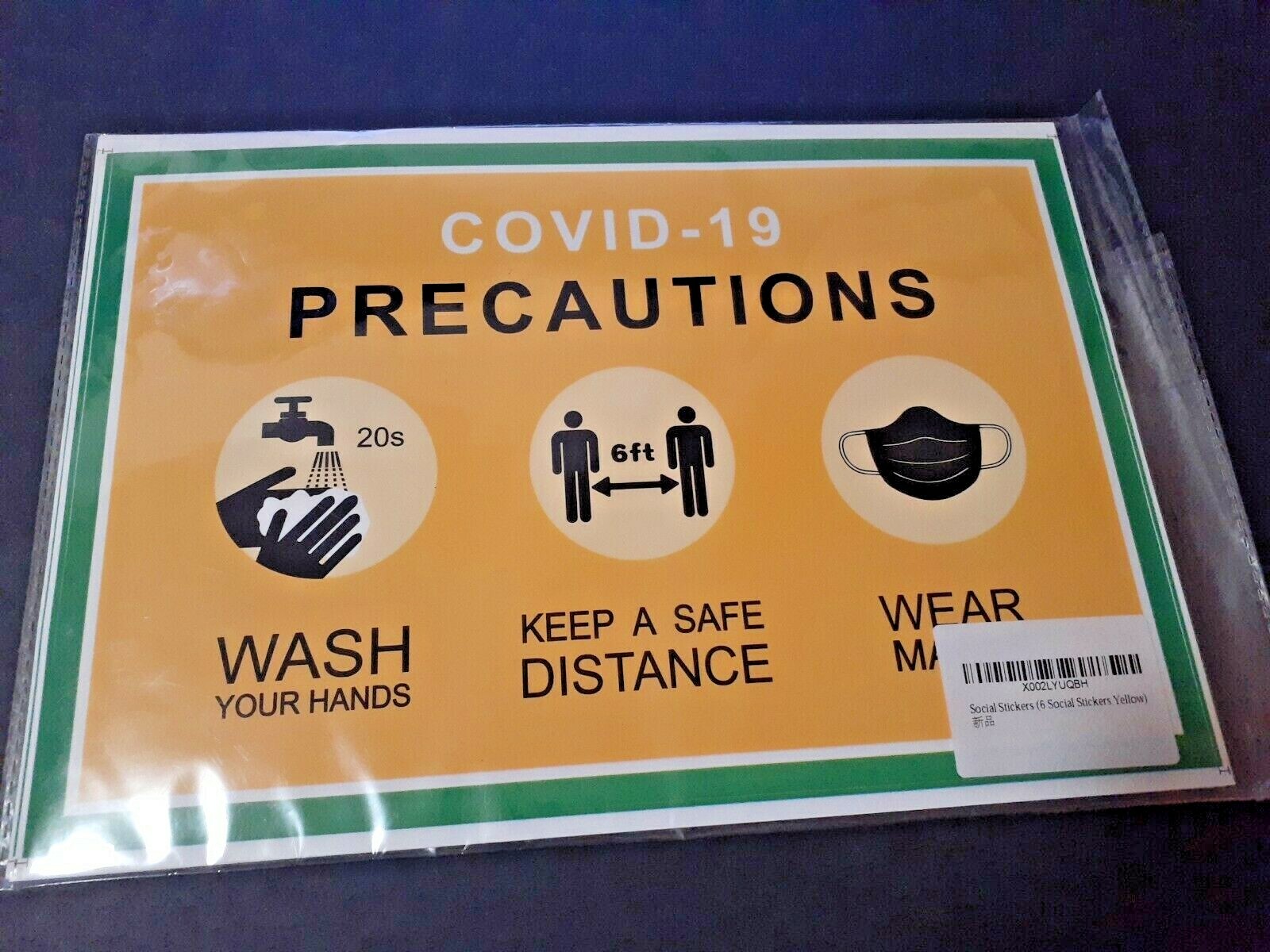 Social Distance Precautions Yellow 12″x9″ Stickers Pack of 6 NEW US Seller