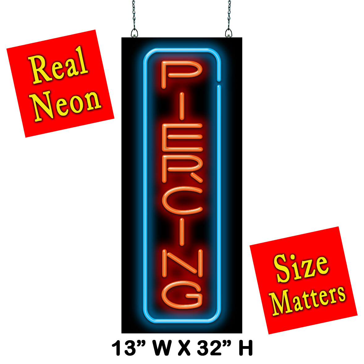 Vertical Piercing Neon Sign – Large 32″h x 13″w – Real, Bright Red & Blue Neon