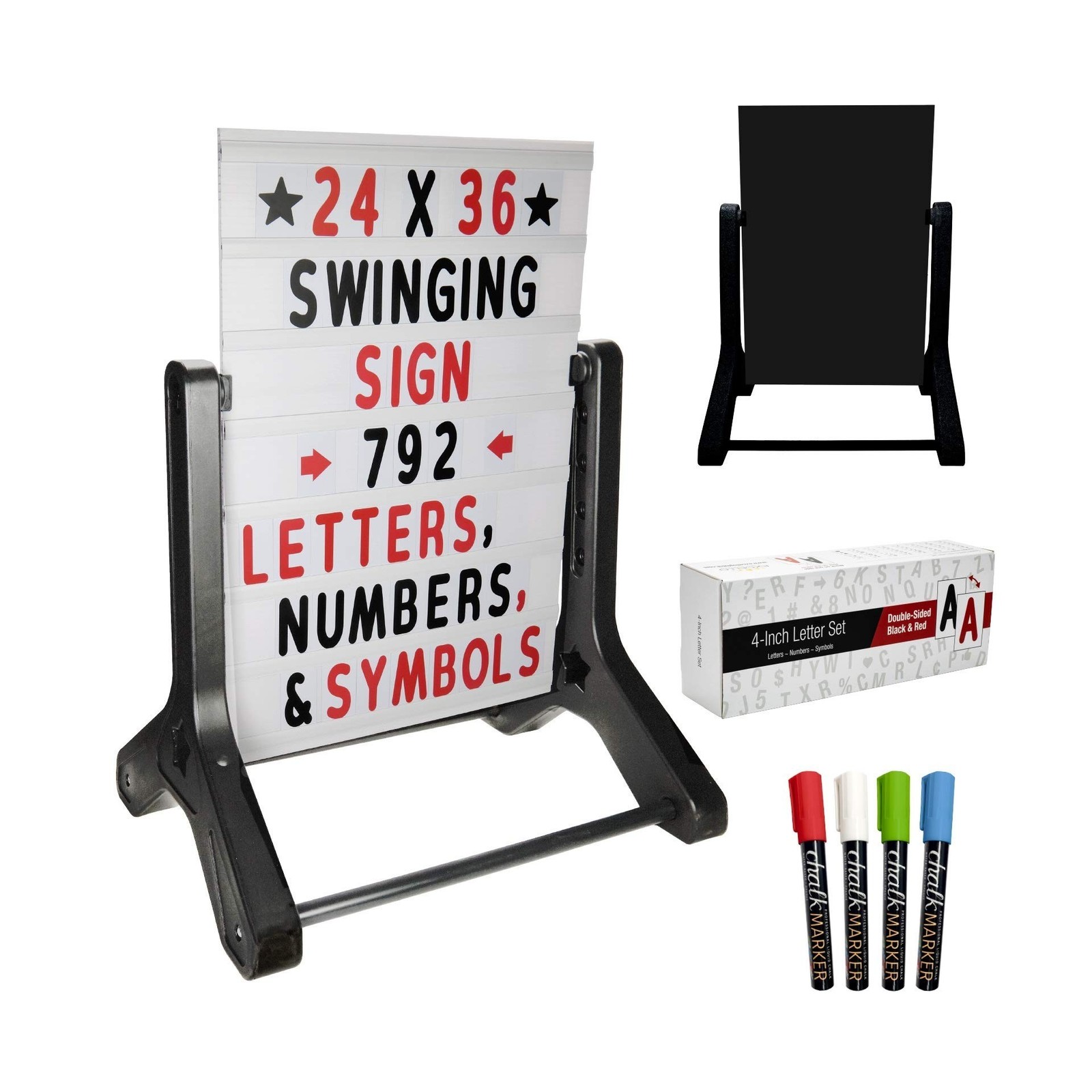 Swinging Changeable Message Sidewalk Sign: 24″ x 36″ Sign with 792 Pre-Cut Do…