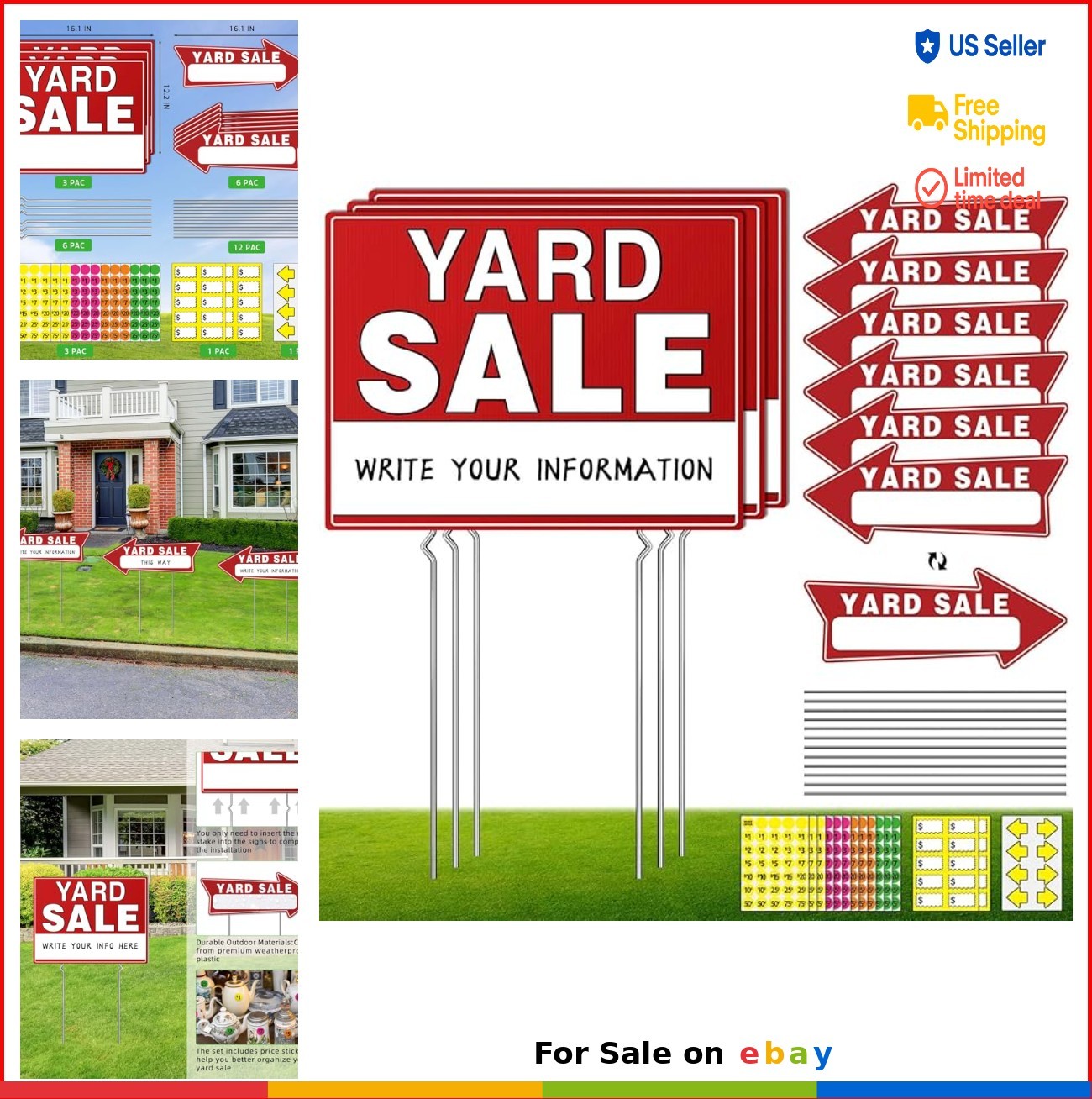 Yard Sale Signs Kit 14pc Double Sided with Metal Stakes 17×13 Inch