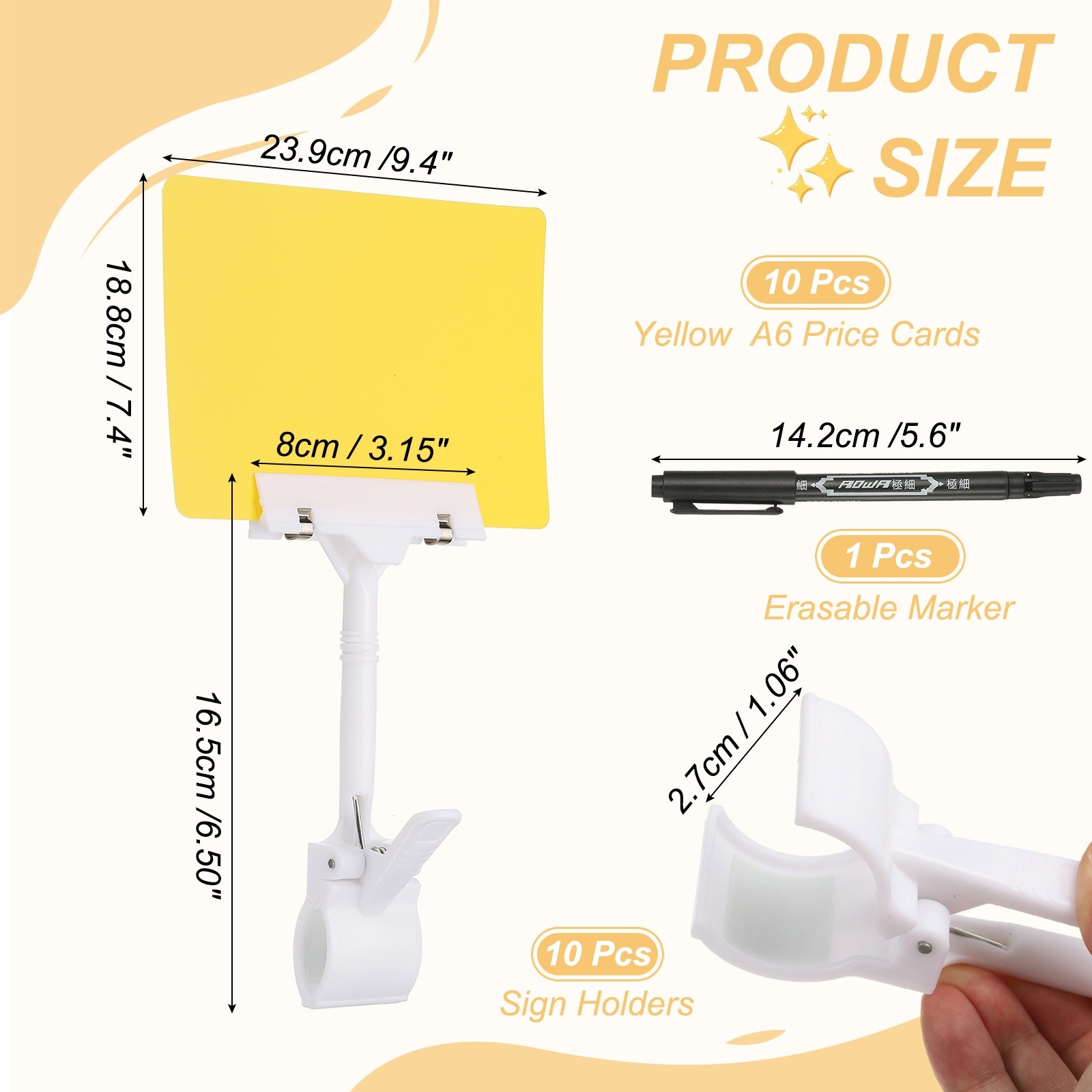 10 Pcs Sign Holders with Yellow A6 Plastic Cards & Erasable Marker, White
