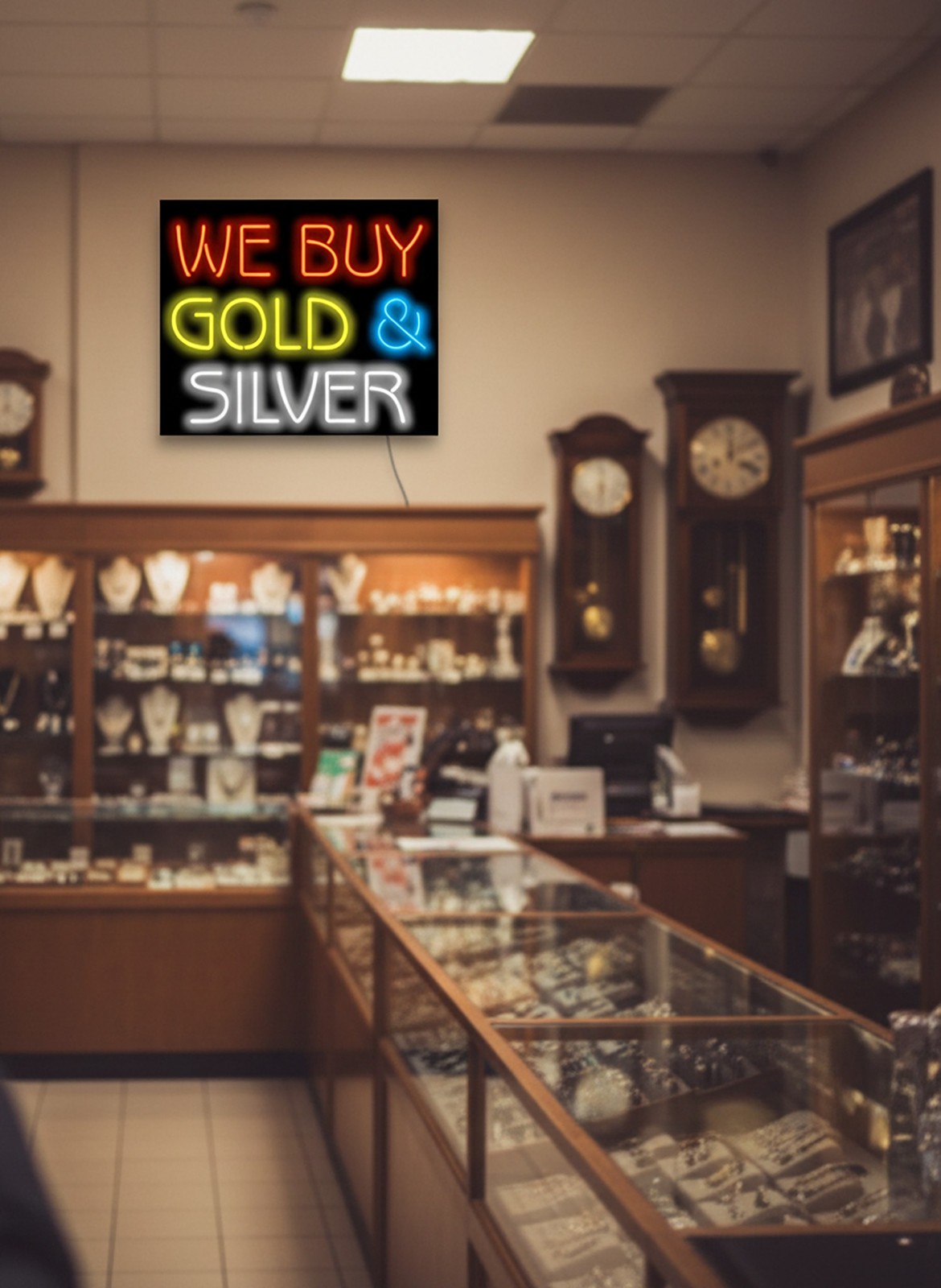 We Buy Gold & Silver Neon Sign – Very Large 32″ x 27″ – Real Neon Gets Attention
