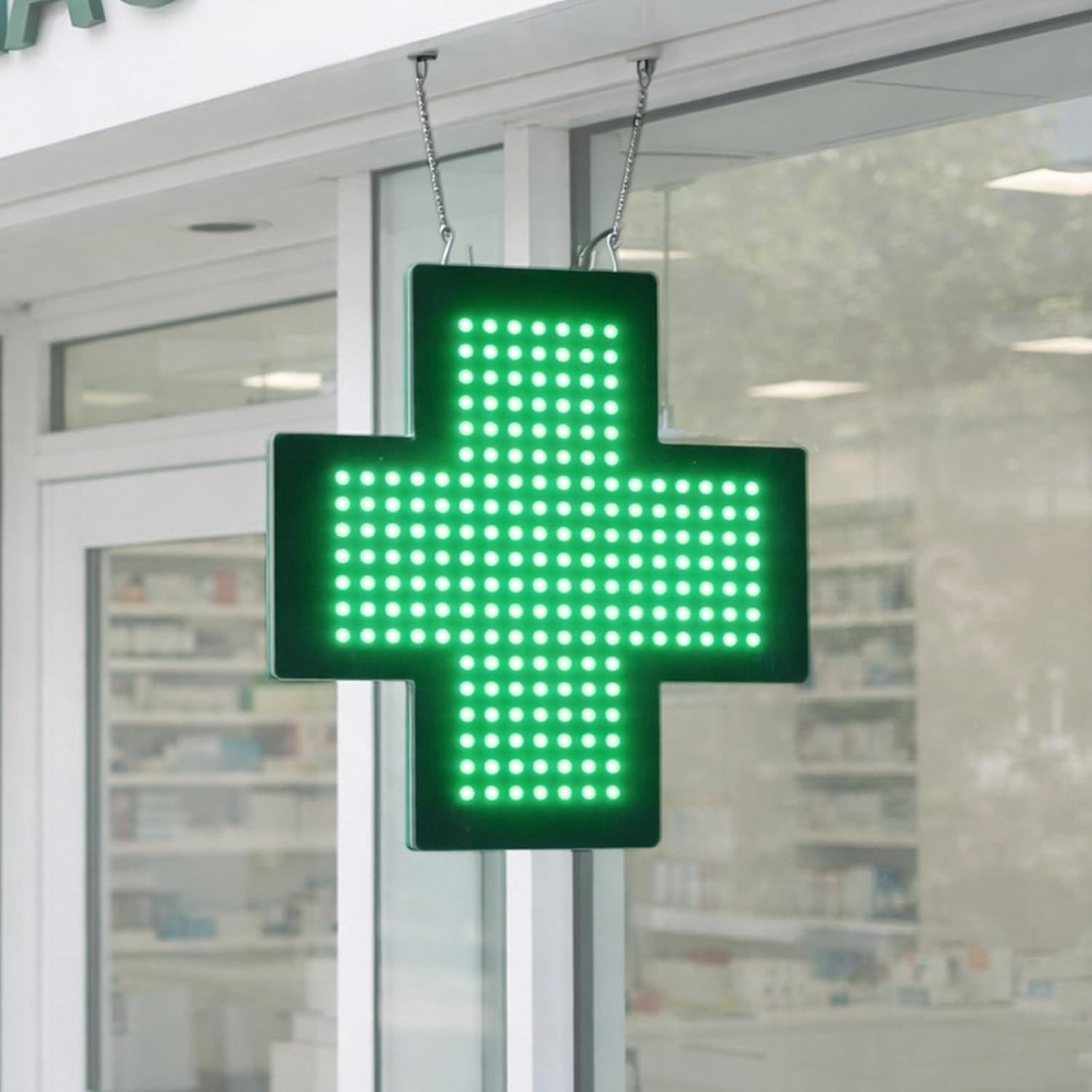 LED Med Cross Sign – 14 Inch Green Lighted Pharmacy & Clinic Business Sign