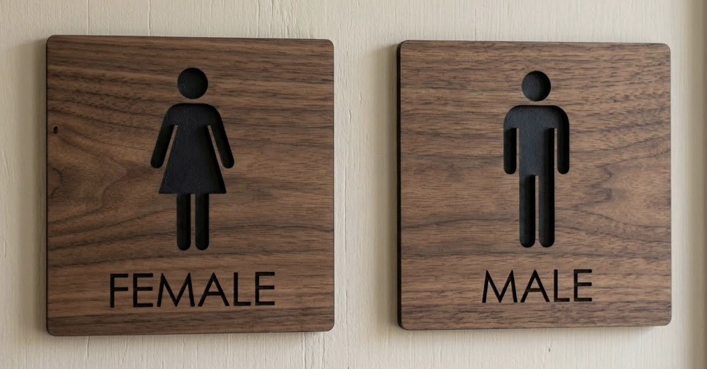 Walnut Wood Laser Cut Male And Female Bathroom Gender Signs For Door